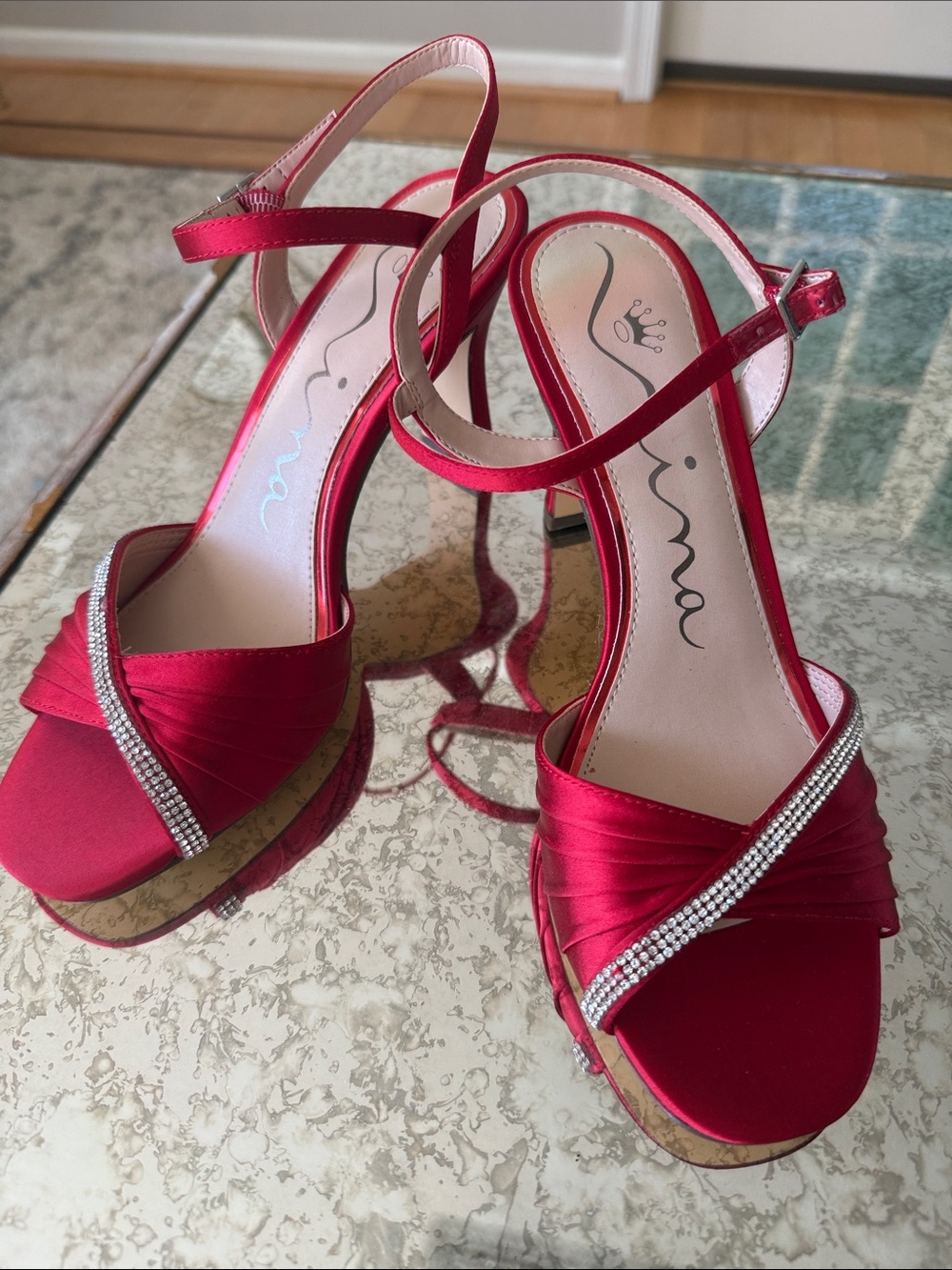 Nina Fuchsia Satin Rhinestone Ankle-Strap Heels